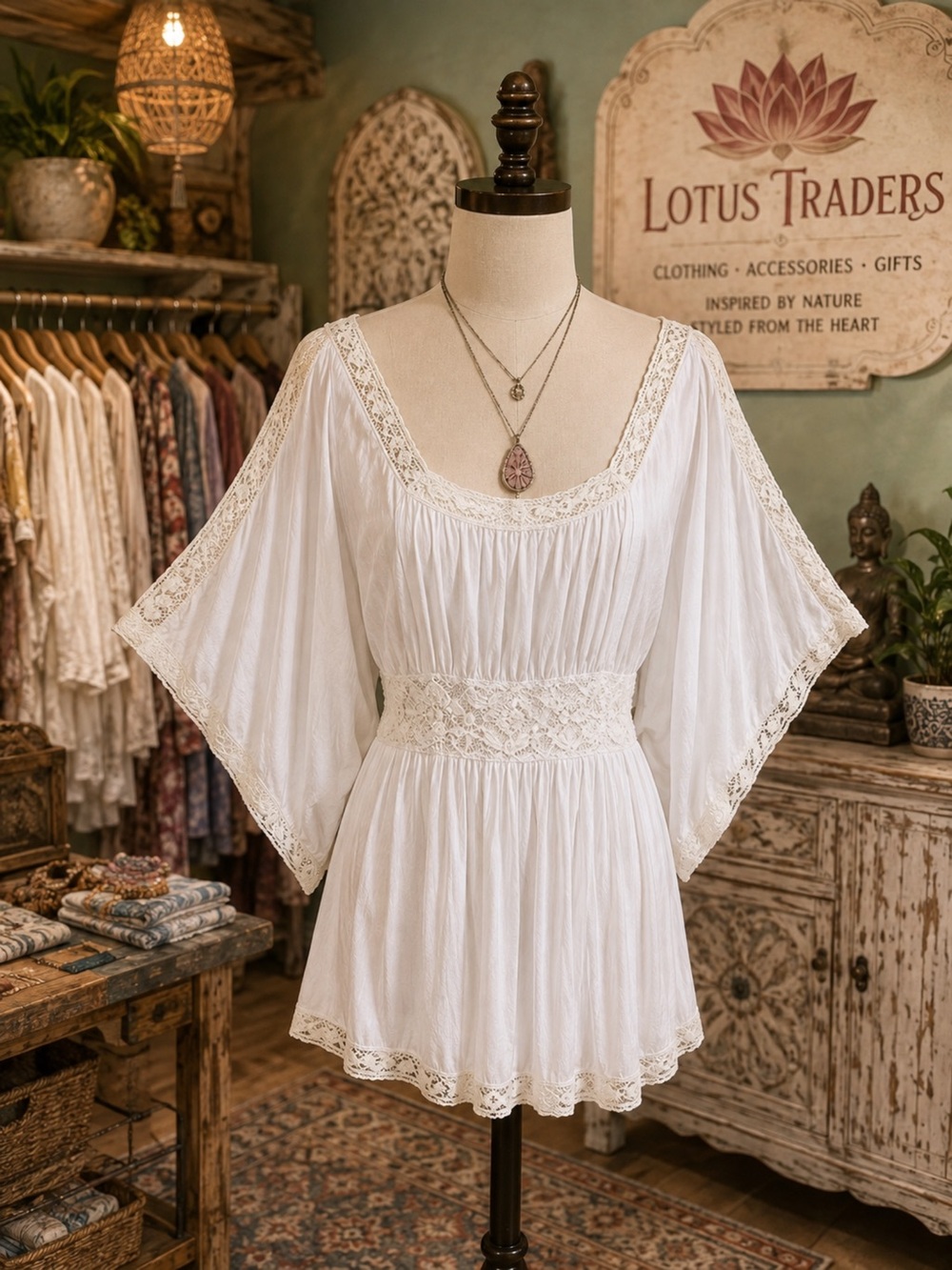 Bohemian Lace-Trim White Tunic Top